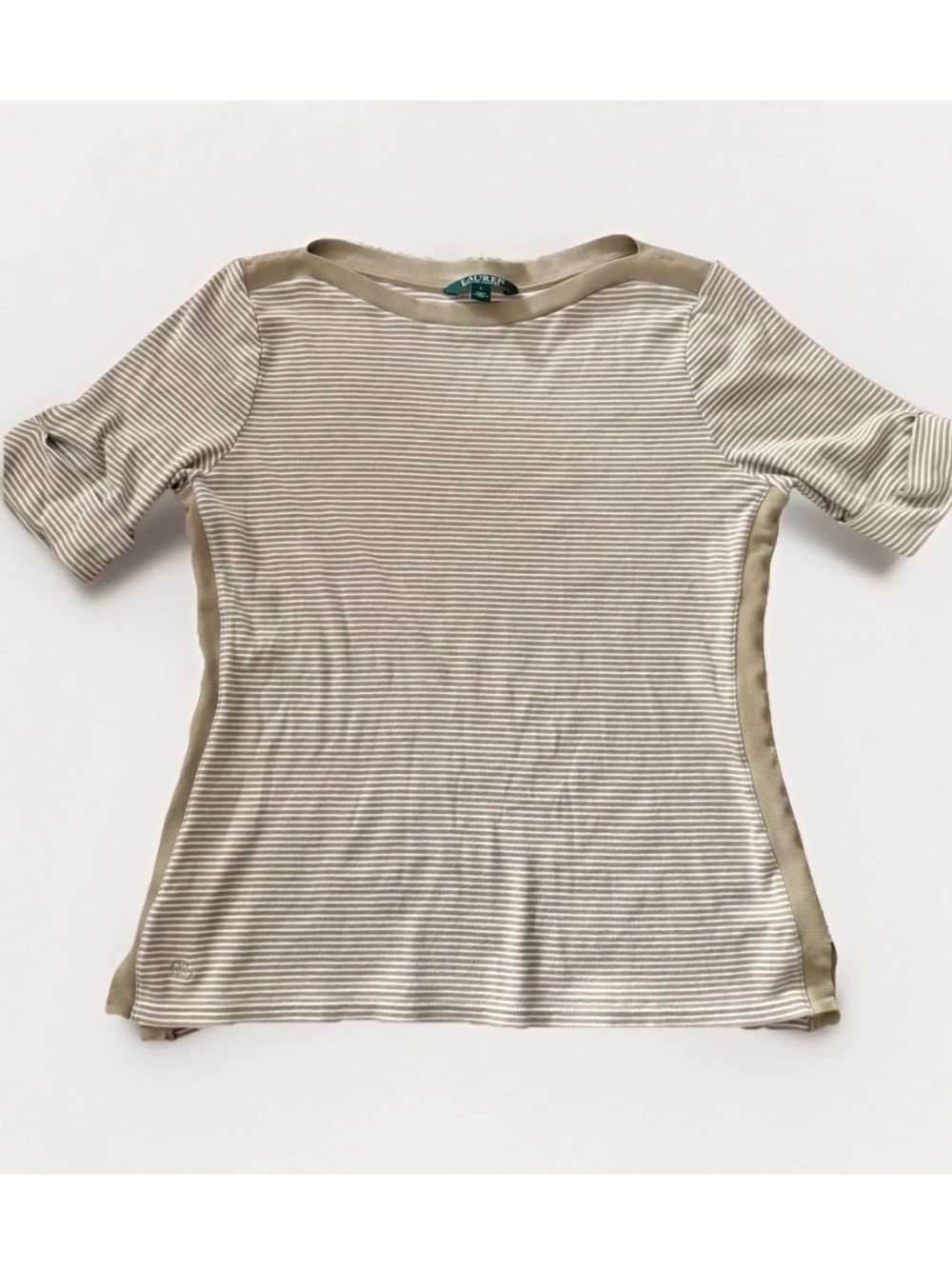 Lauren Ralph Lauren Striped Boatneck Tee Green/White Women Sz LG Cotton Preppy